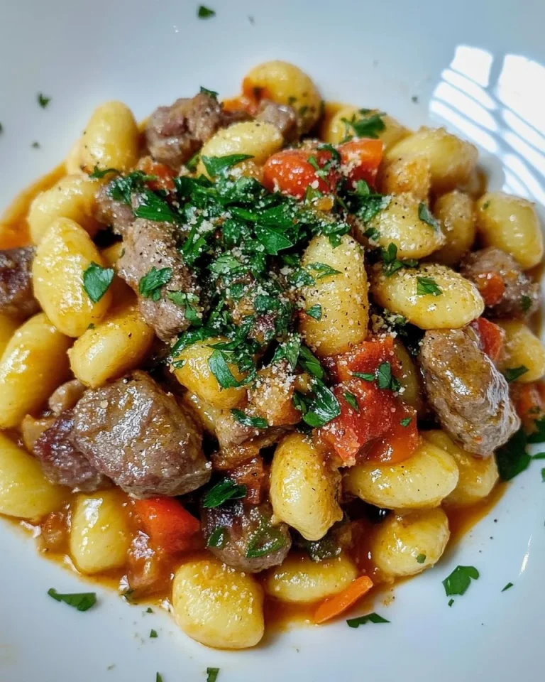 Gnocchi cremosi con salsiccia, zucchine e pomodorini in un piatto gustoso