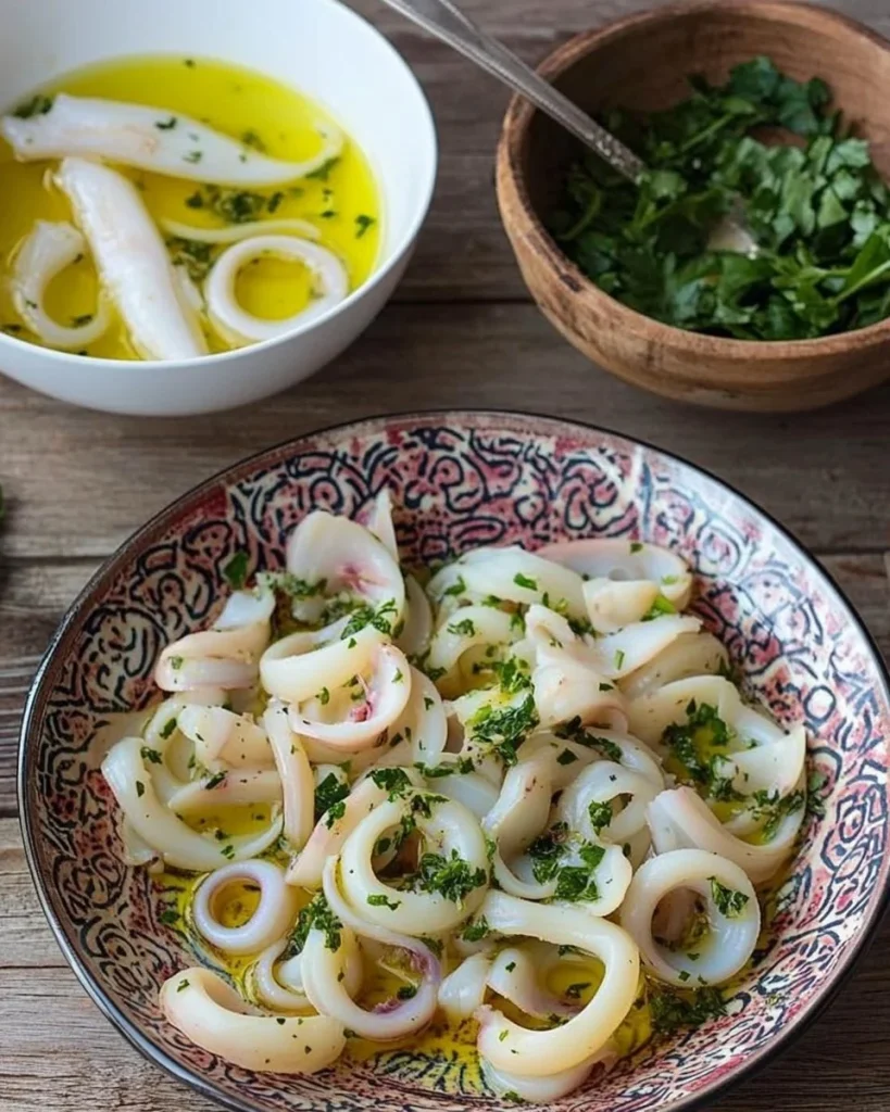 Insalata di calamari fresca con verdure e condimenti deliziosi