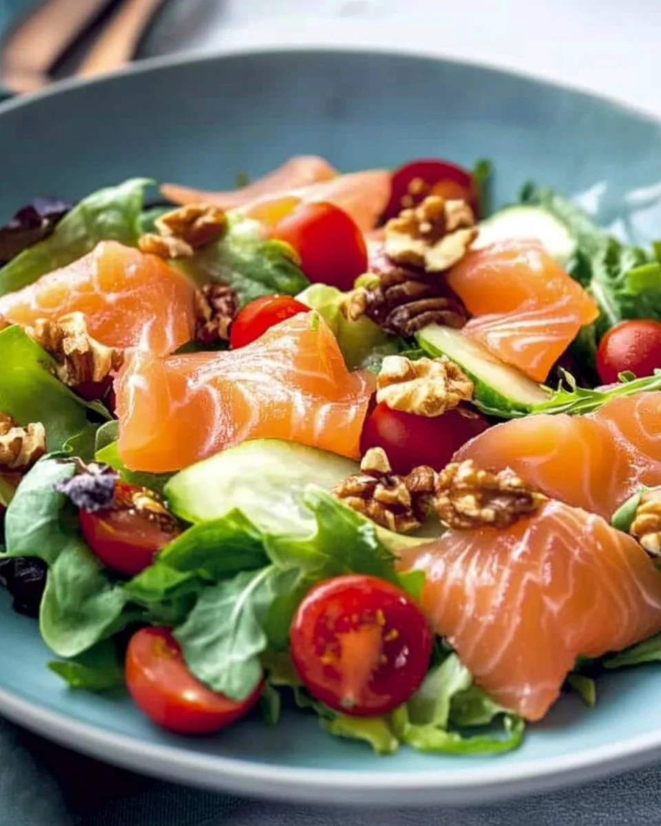 Insalata di salmone affumicato con mango e avocado, piatto estivo sano e gustoso.