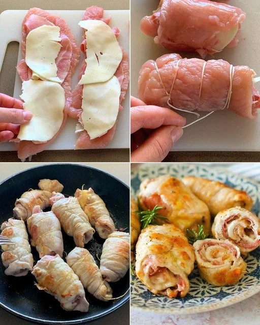 Involtini di tacchino ripieni cucinati in una padella