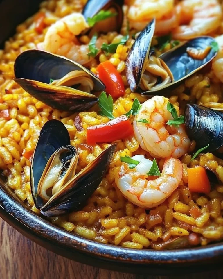 Paella di frutti di mare con gamberi, cozze e calamari in un piatto tradizionale spagnolo.