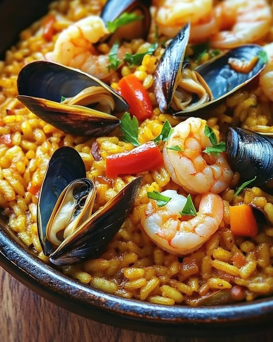 Paella di frutti di mare con gamberi, cozze e calamari in un piatto tradizionale spagnolo.