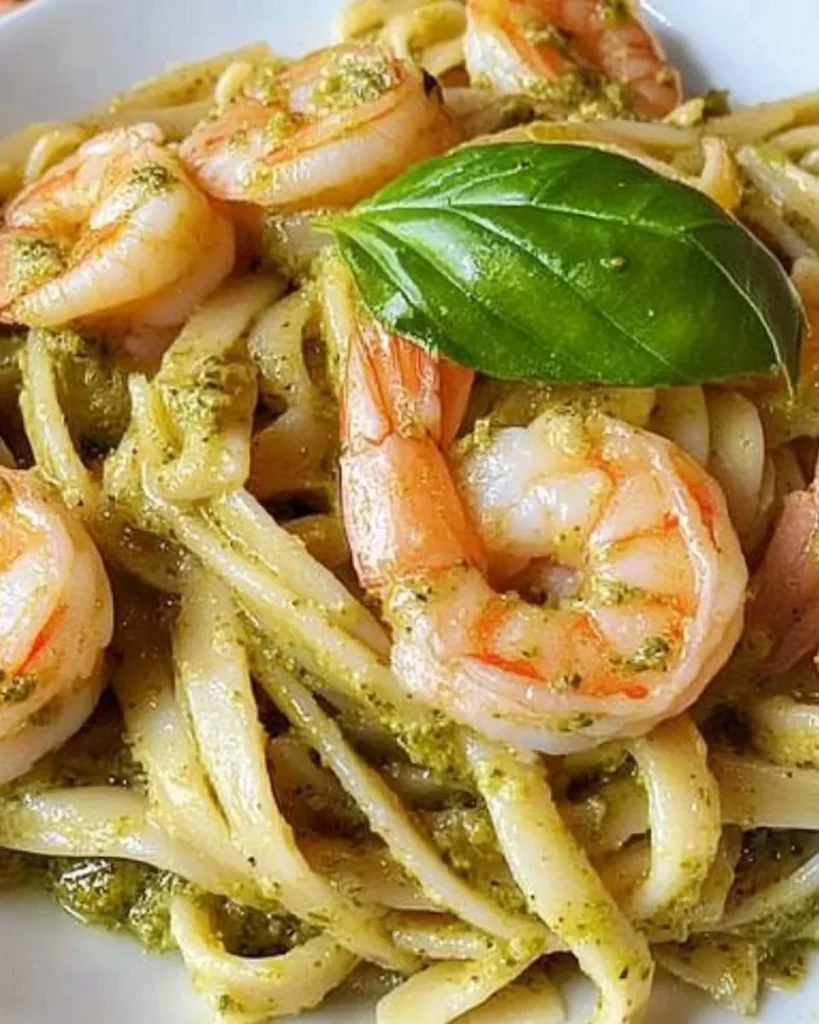 Linguine al Pesto di Zucchine con Gamberone Scottato in un piatto decorato