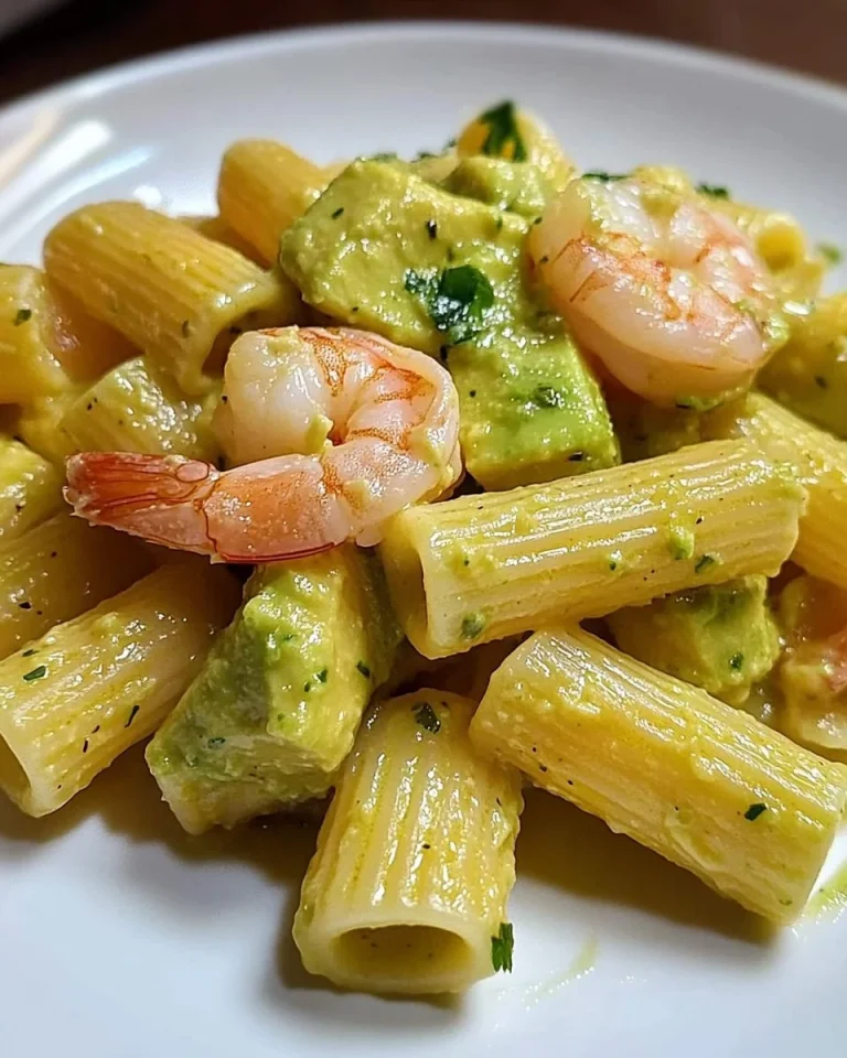 Mezzi paccheri con gamberi e zucchine serviti in un piatto