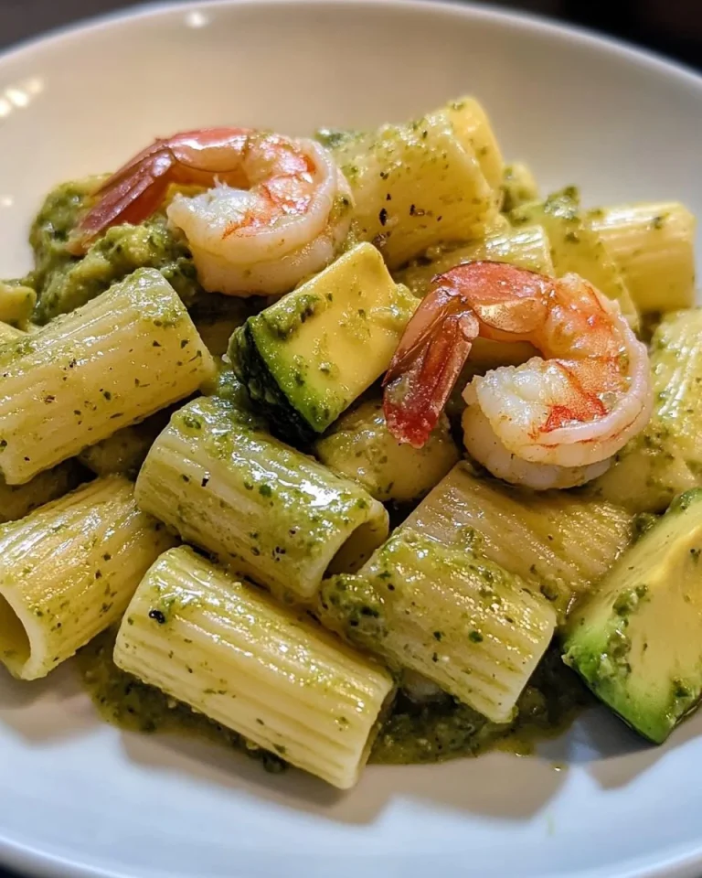 Mezzi paccheri con gamberi e zucchine, piatto italiano di pasta delizioso.