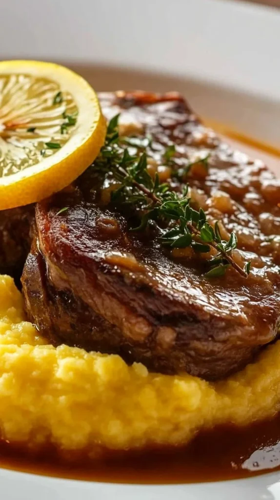 Ossibuchi alla Milanese serviti con gremolata e purè di patate.