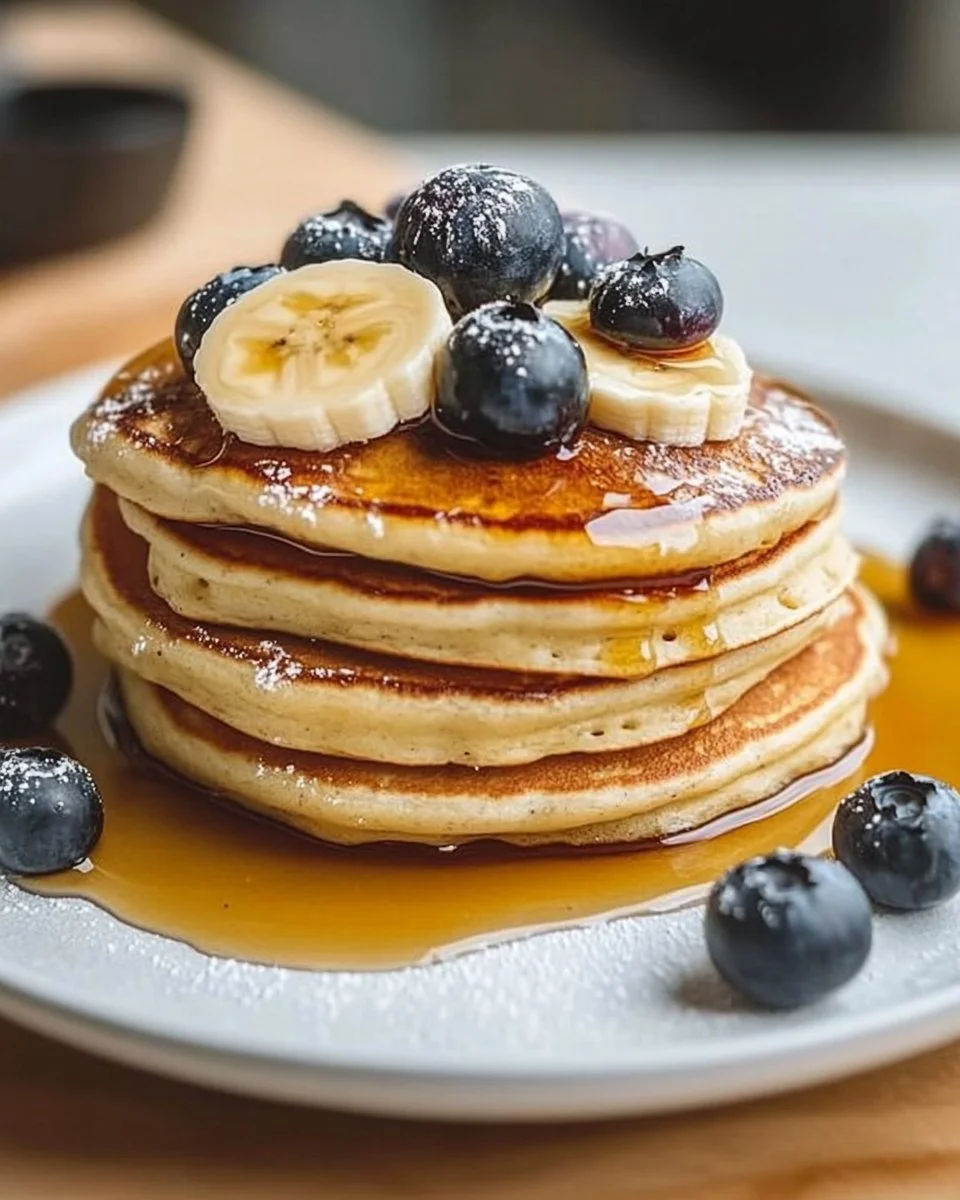 Pancake proteici super soffici su un piatto, ideale per una colazione sana