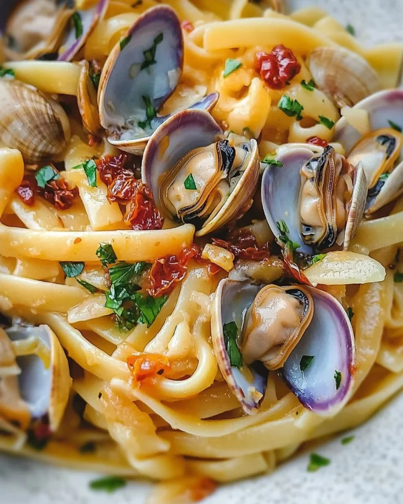 Pasta Mista con Ceci, Cozze e Vongole Veraci servita in un piatto delizioso