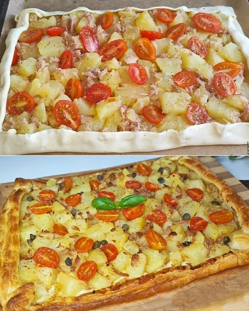 Pasta Sfoglia con Patate, Pomodorini e Tonno pronta da servire.