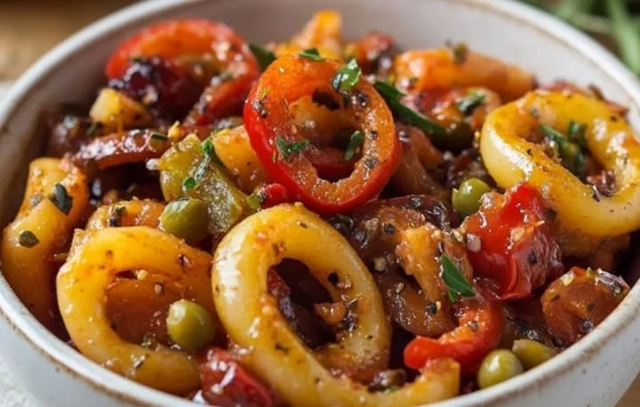 Piatto di peperoni con tonno cucinati in padella