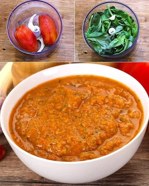 Pesto alla trapanese pronto da servire su un piatto di pasta.