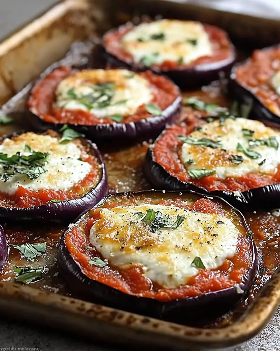 Pizzette di Melanzane servite su un piatto con guarnizioni fresche