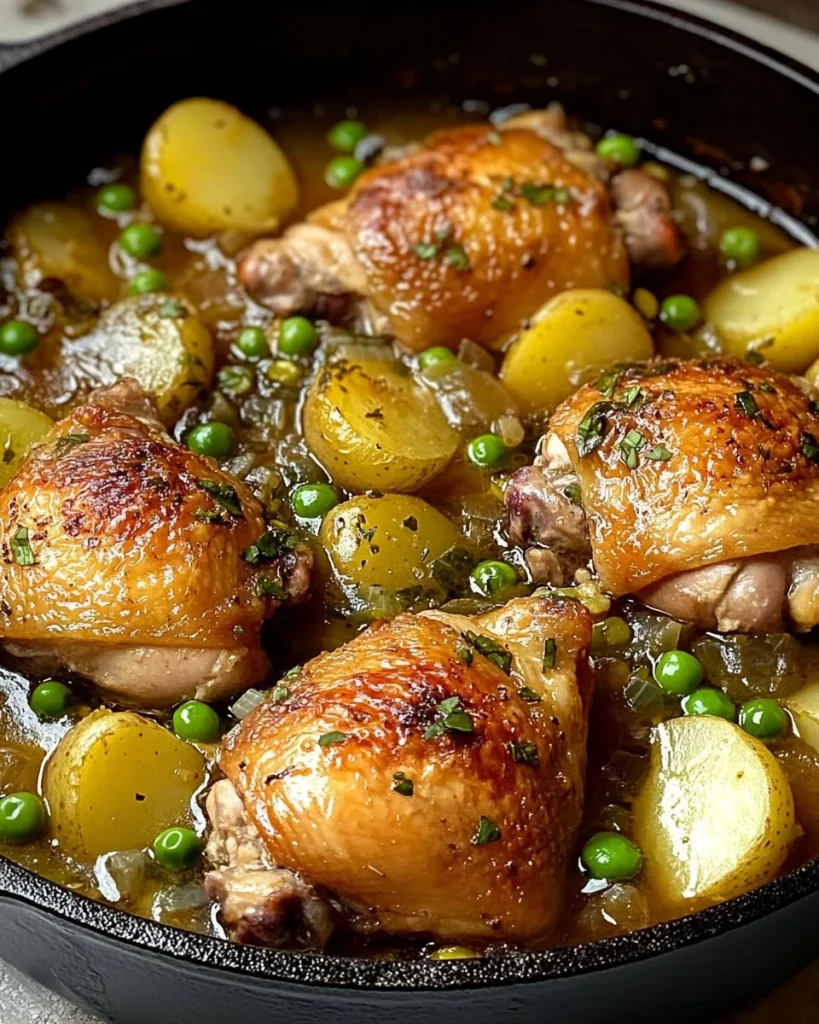 Pollo in umido con patate e piselli, ricetta tradizionale italiana