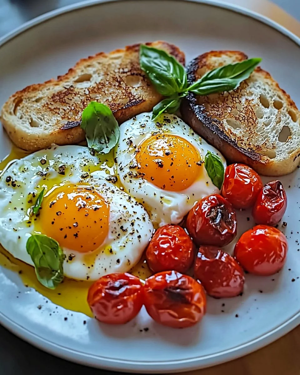 Pomodori arrostiti con burrata e pane tostato su un piatto servito