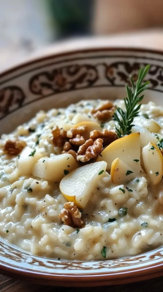 Risotto con Gorgonzola, Pere e Noci servito in un piatto elegante.