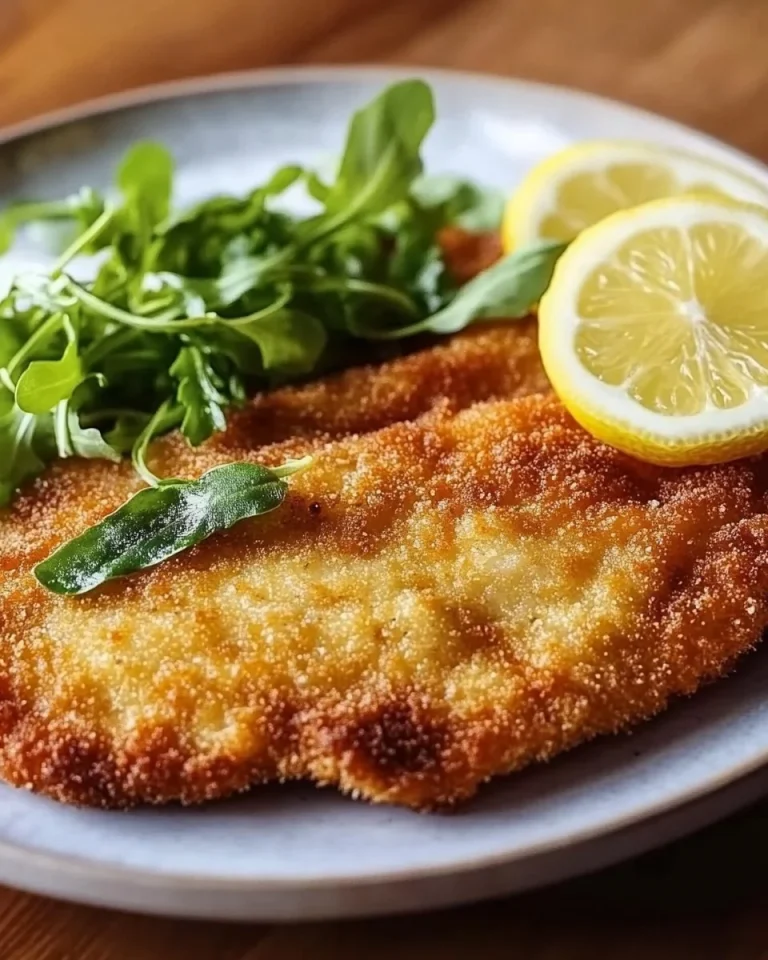 Piatto di Scaloppine alla Milanese servito con limone e contorni freschi.