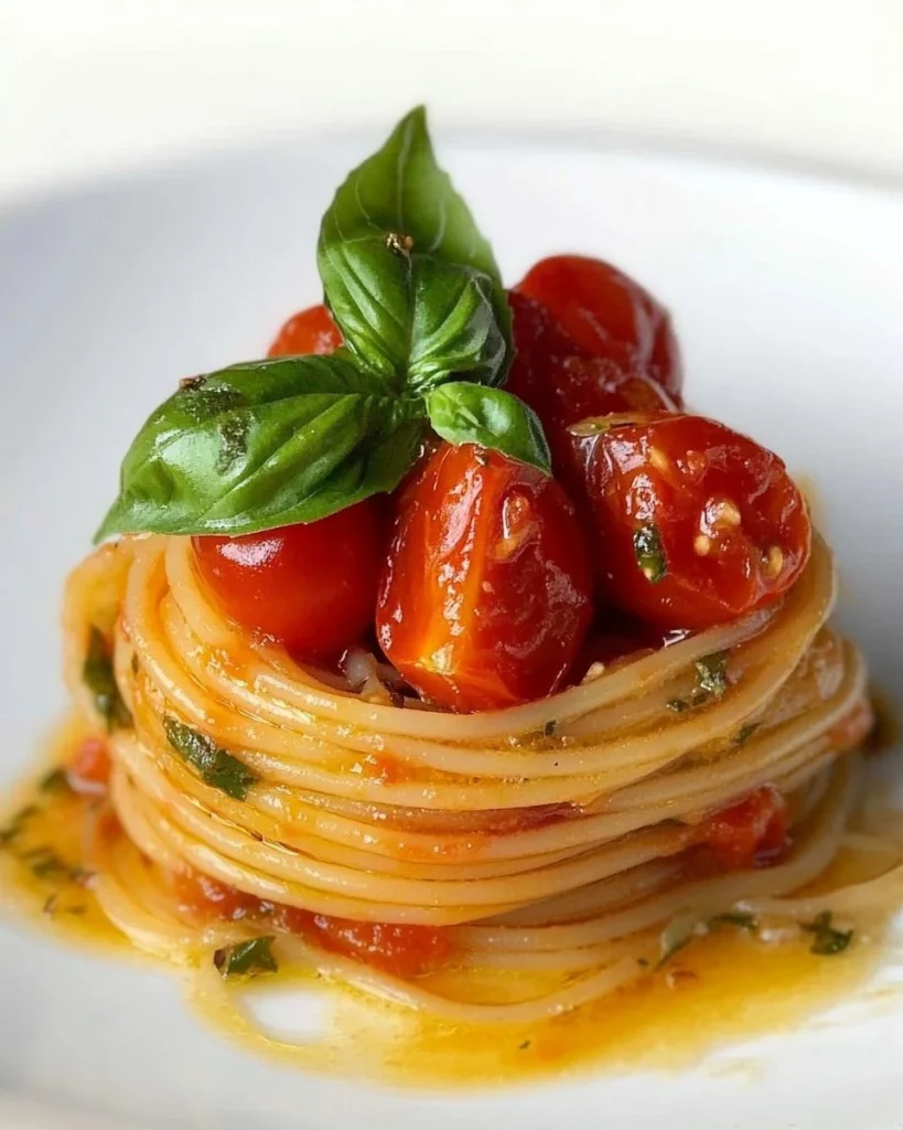 Spaghetti con datterini, burratina e basilico fresco serviti in un piatto