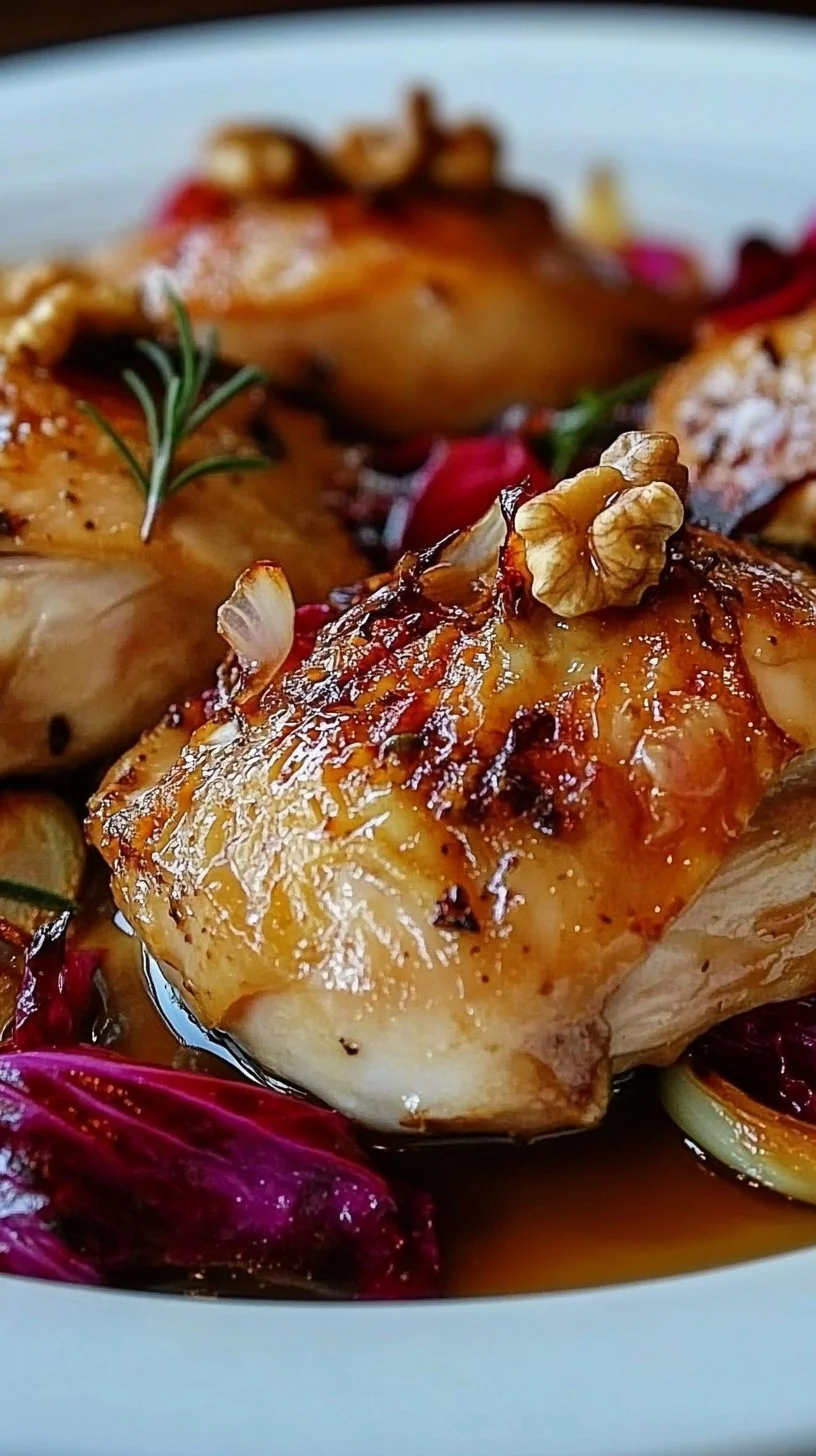 Straccetti di Pollo al Radicchio e Noci serviti su un piatto elegante