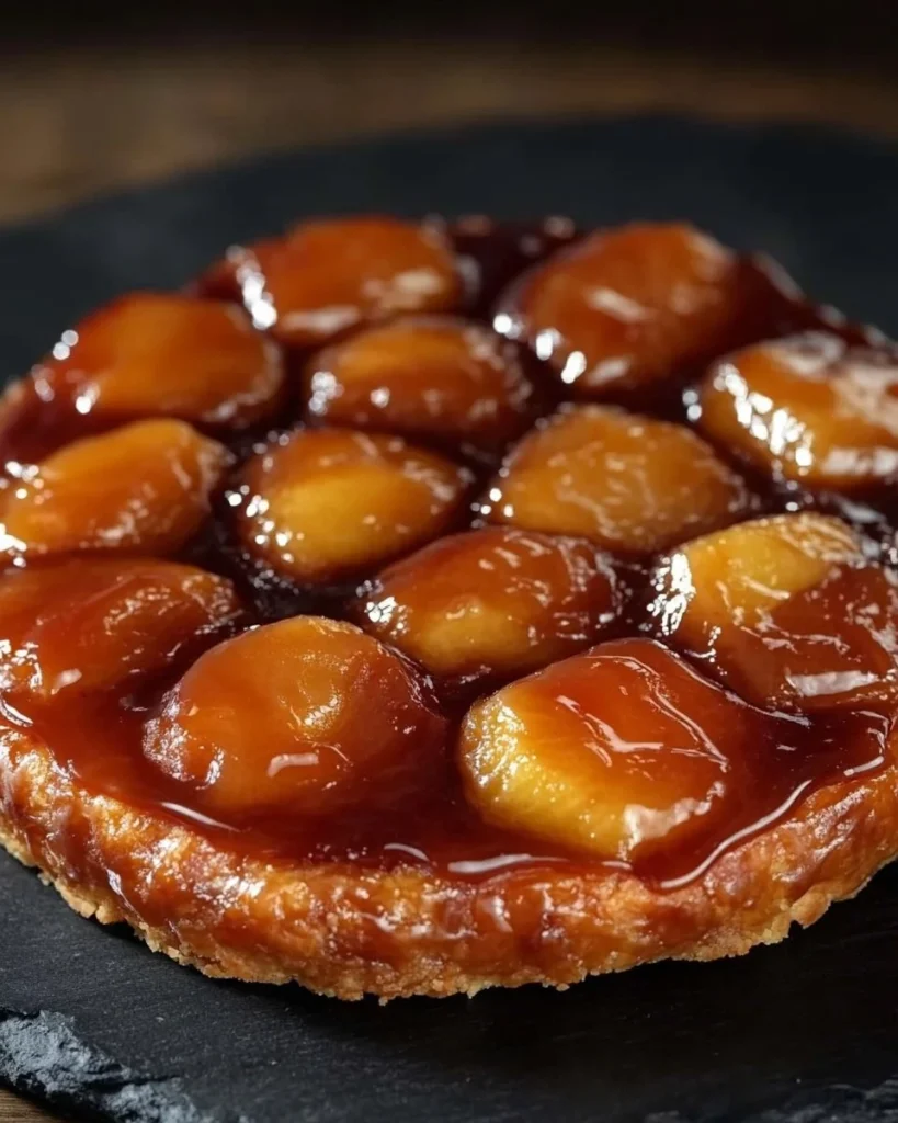 Tarte Tatin, dolce rovesciato alle mele, presentato su un piatto elegante.