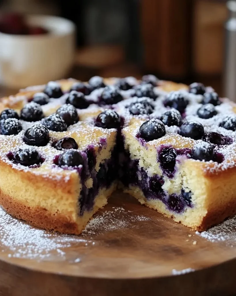 Fetta di torta ai mirtilli leggera e soffice con decorazioni fresche