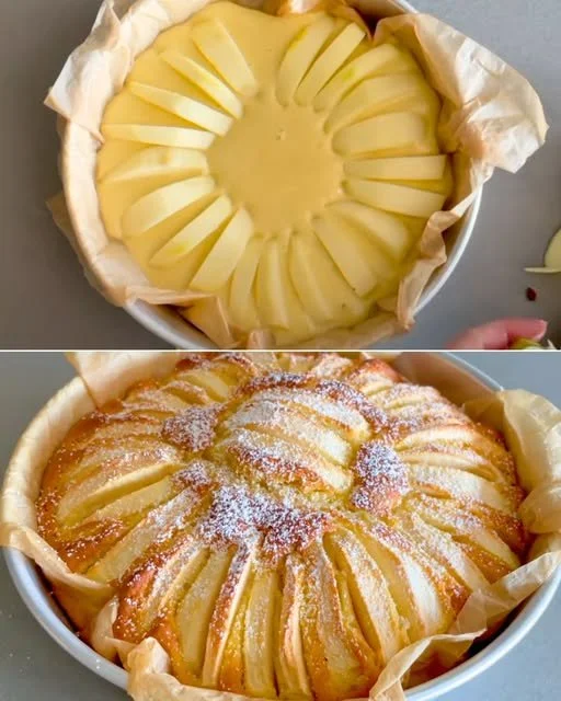 Torta di mele soffice appena sfornata con fette di mela sulla superficie