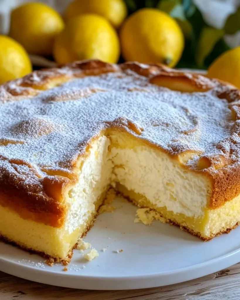 Fetta di Torta Magica al Limone e Ricotta su piatto elegante