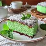 Torta menta, cocco e cioccolato decorata con foglie di menta fresca