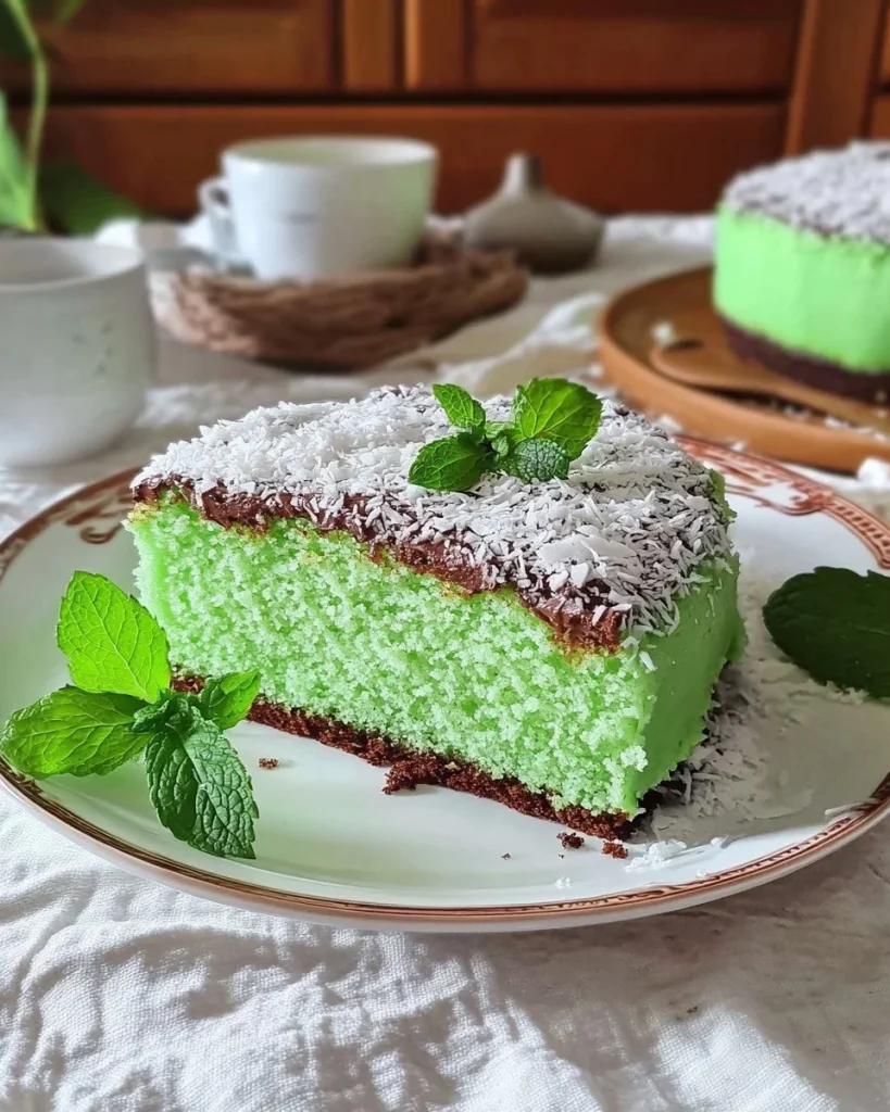Torta menta, cocco e cioccolato decorata con foglie di menta fresca