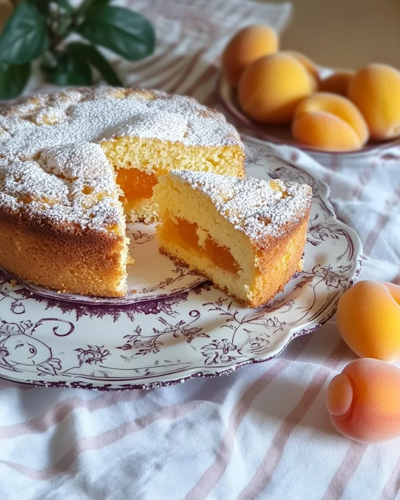 Deliziosa torta morbidosa con albicocche pronta da gustare.