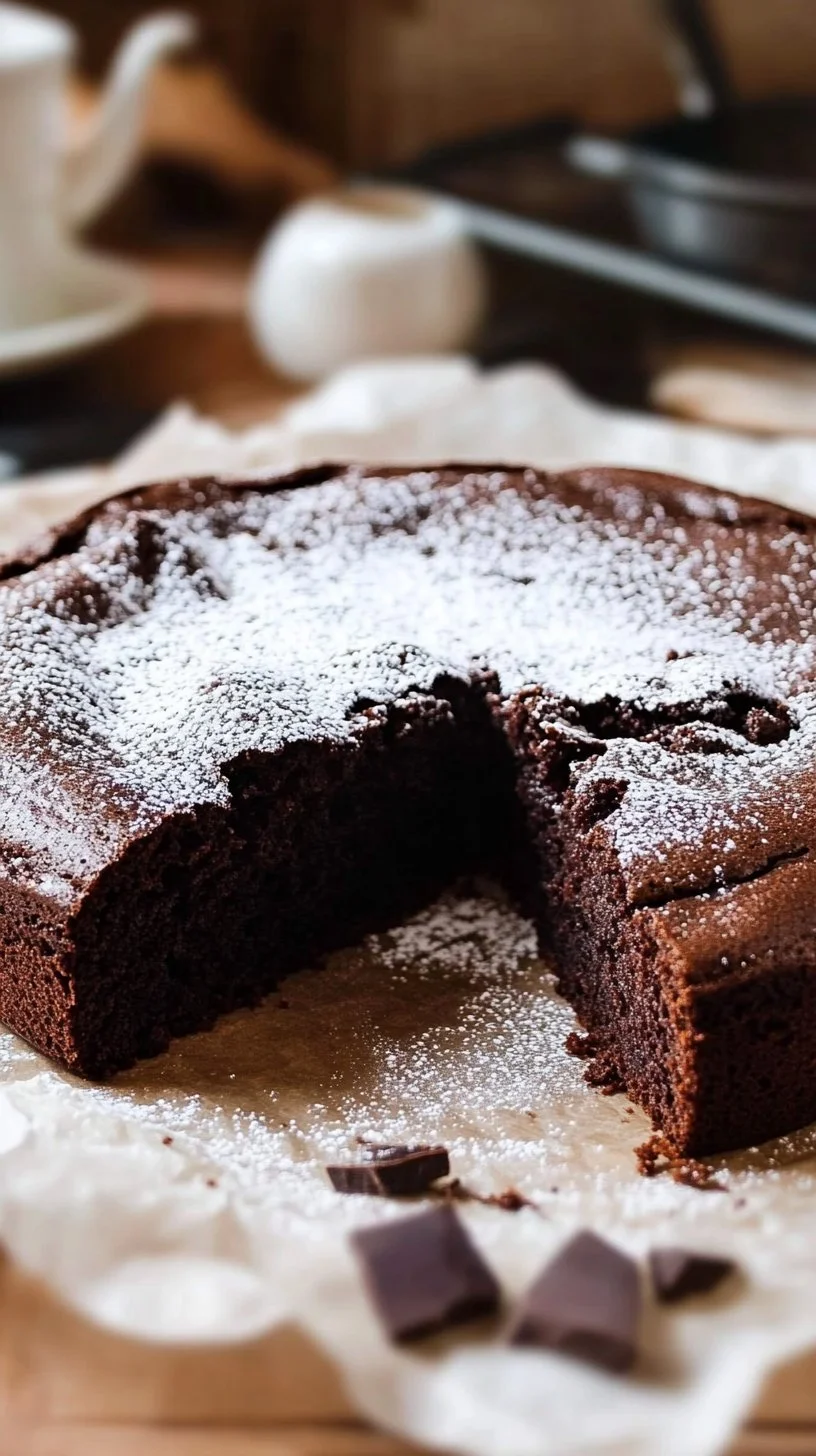 Fetta di torta Tenerina al cioccolato con spolverata di zucchero a velo.
