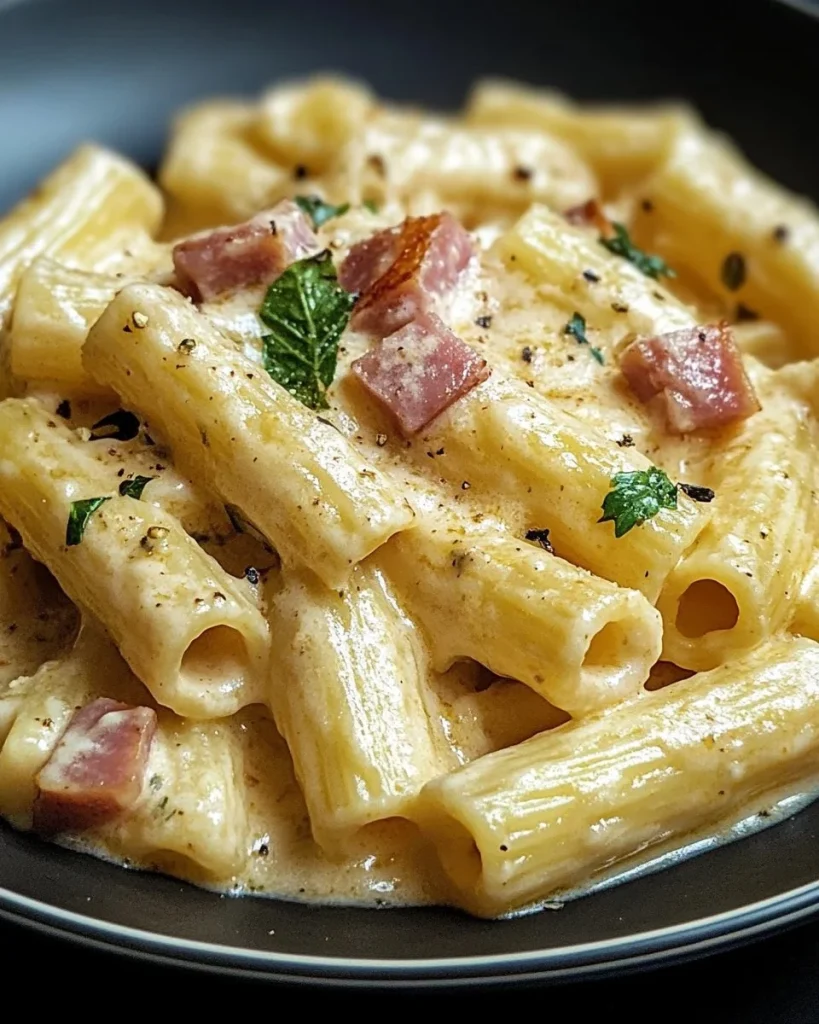 Piatto di tortiglioni con zucchine, pancetta e crema di parmigiano