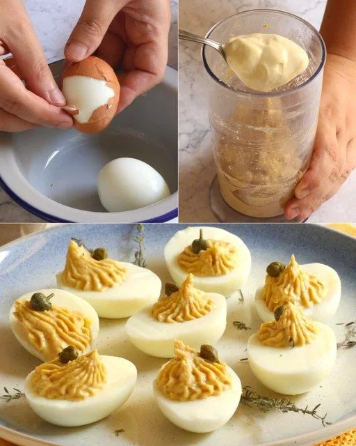 Uova ripiene pronte per essere servite in un piatto elegante.