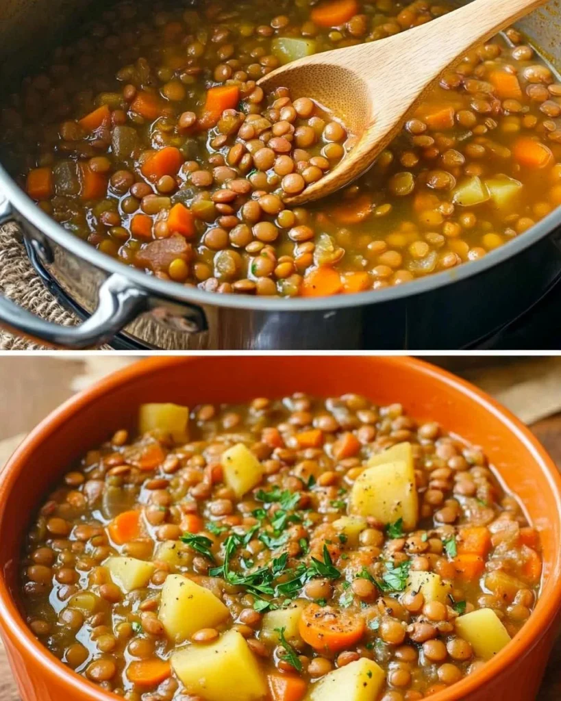 Zuppa di Lenticchie e Verdure servita in una ciotola con ingredienti freschi.