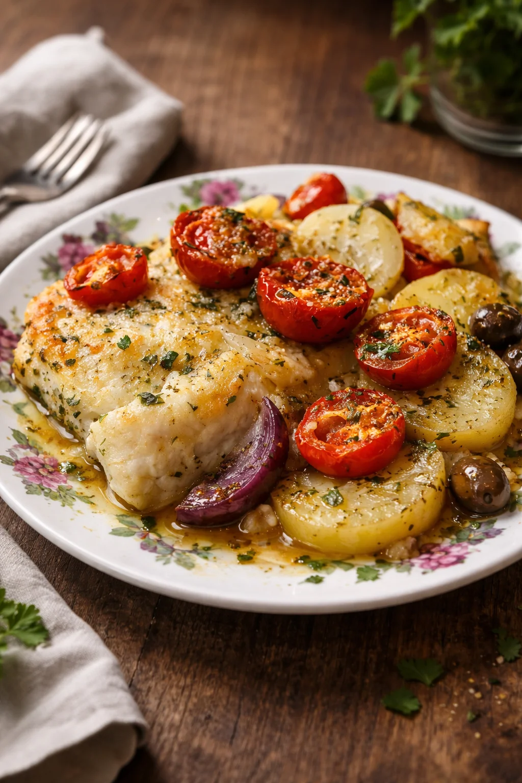 Baccalà al Forno con Patate, Pomodorini e Olive, piatto tradizionale italiano