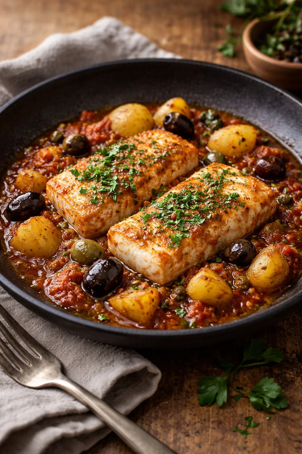 Piatto di Baccalà alla Ghiotta servito con contorni freschi