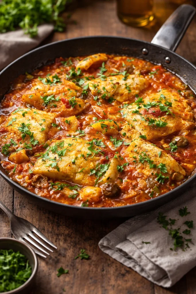 Piatto di Baccalà alla Ghiotta con pomodoro e olive