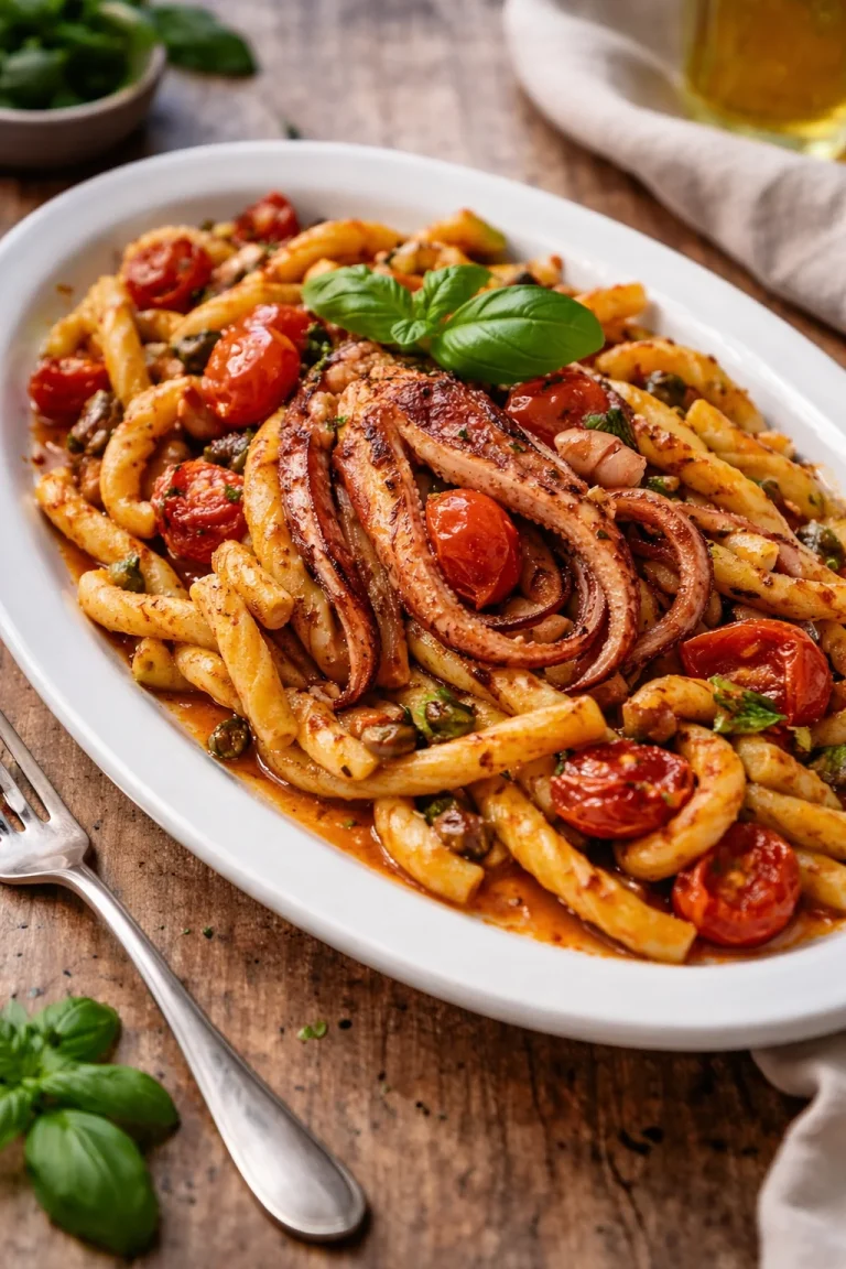 Piatto di busiate con calamaro e capperi in un contesto mediterraneo