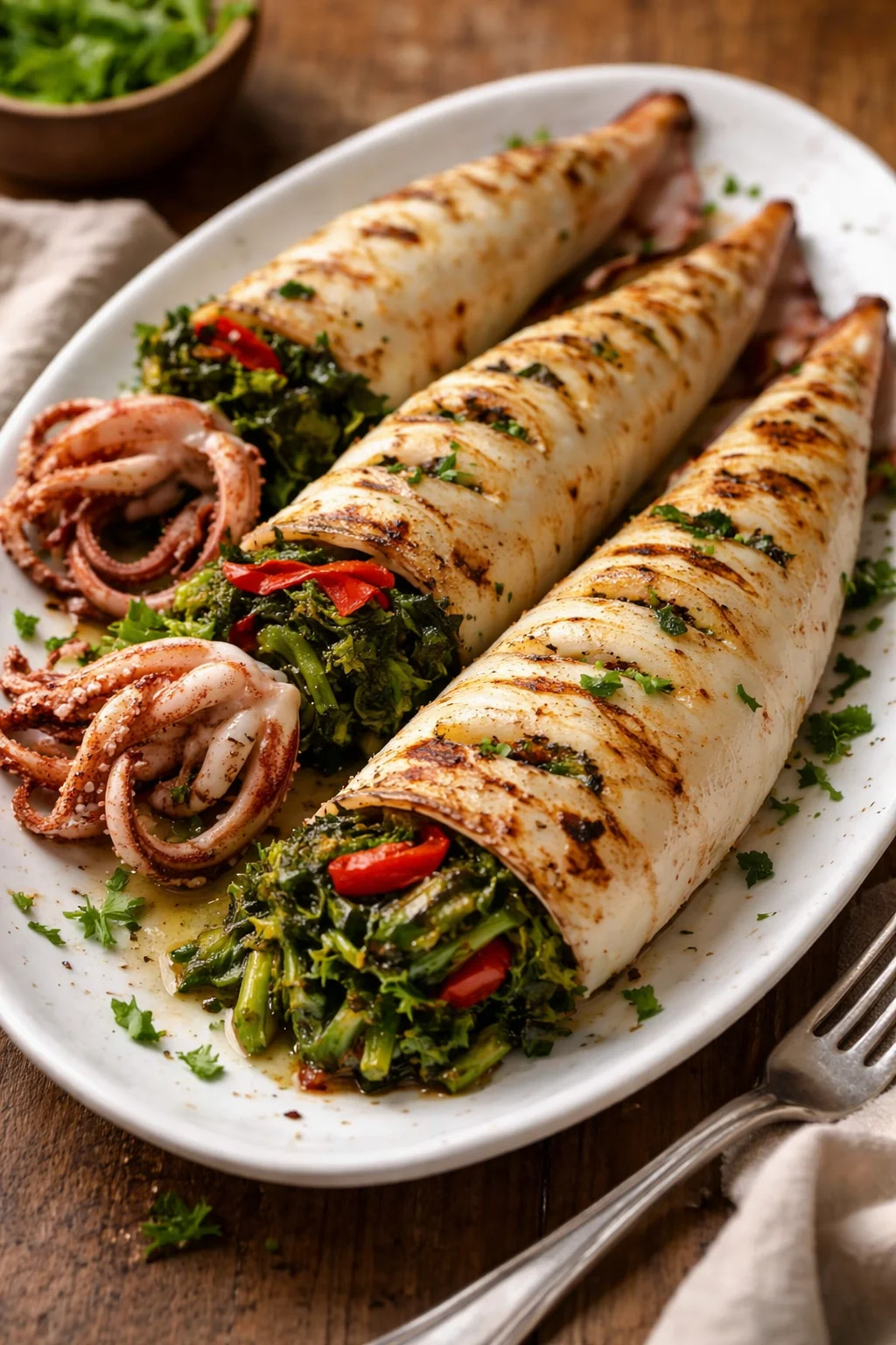 Calamari Ripieni di Friarielli appena sfornati, un piatto tradizionale e saporito.