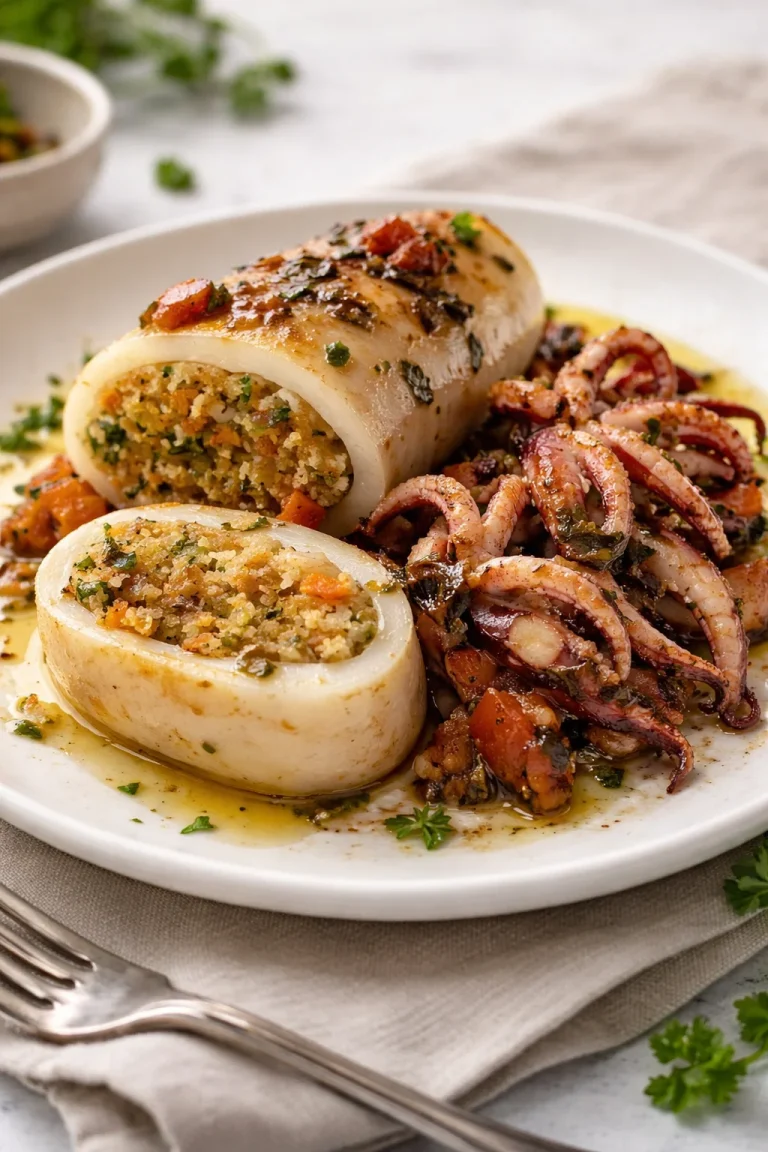 Calamari ripieni facili e cremosi pronti da servire in un piatto