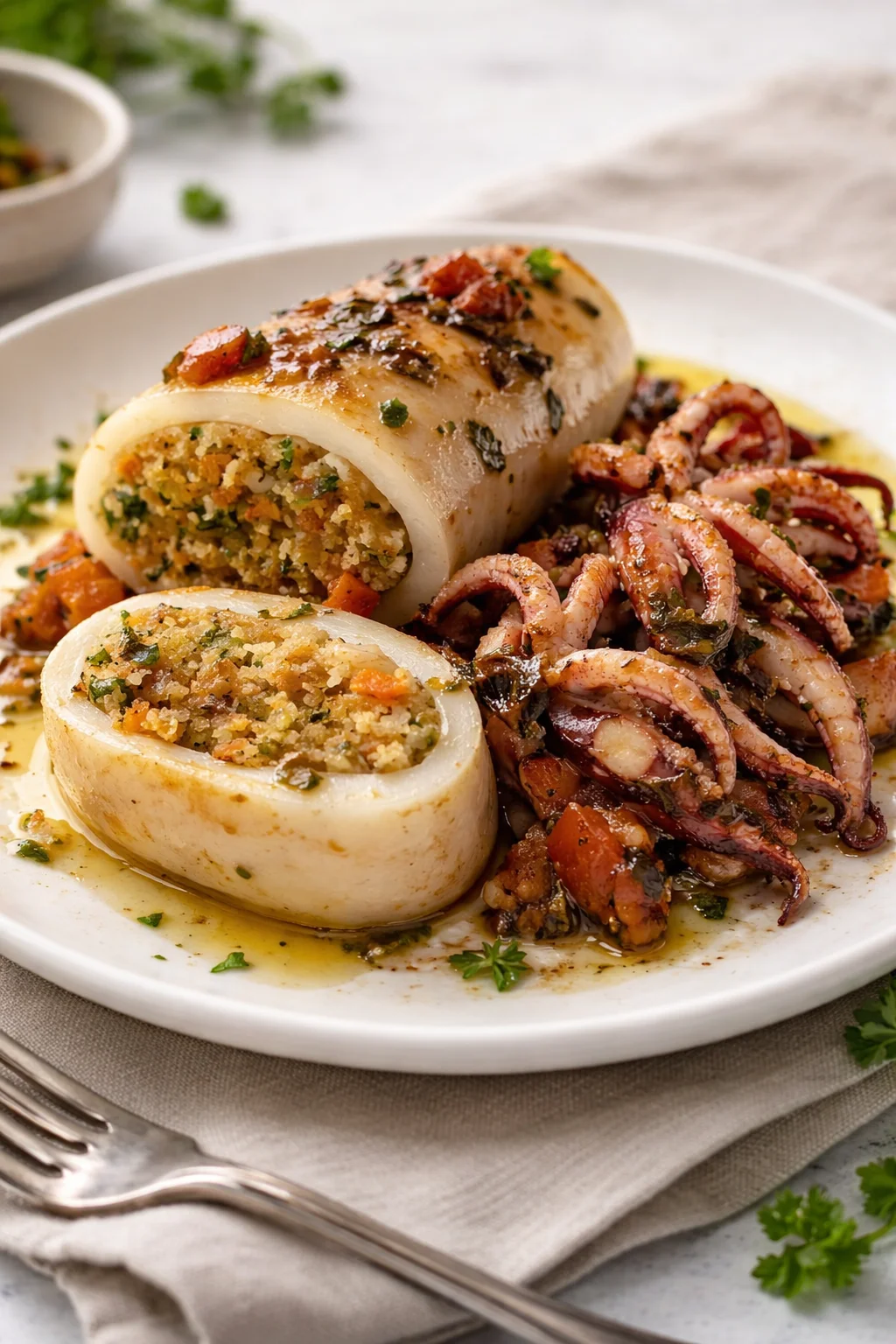 Calamari ripieni facili e cremosi pronti da servire in un piatto