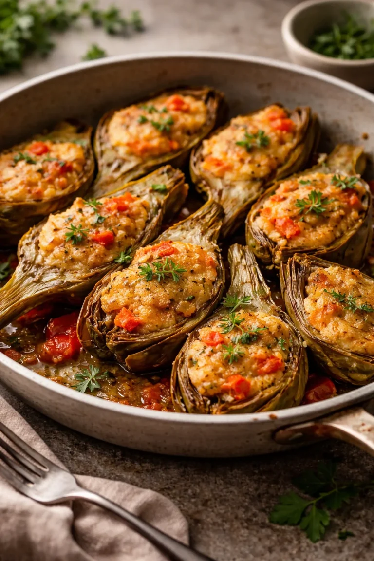 Carciofi ripieni di pane e formaggio appena sfornati e deliziosi