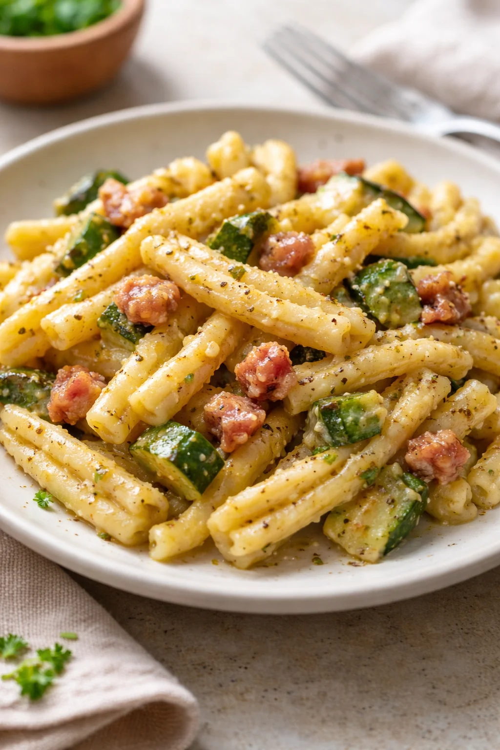 Casarecce con crema di zucchine, pancetta croccante e formaggio Philadelphia