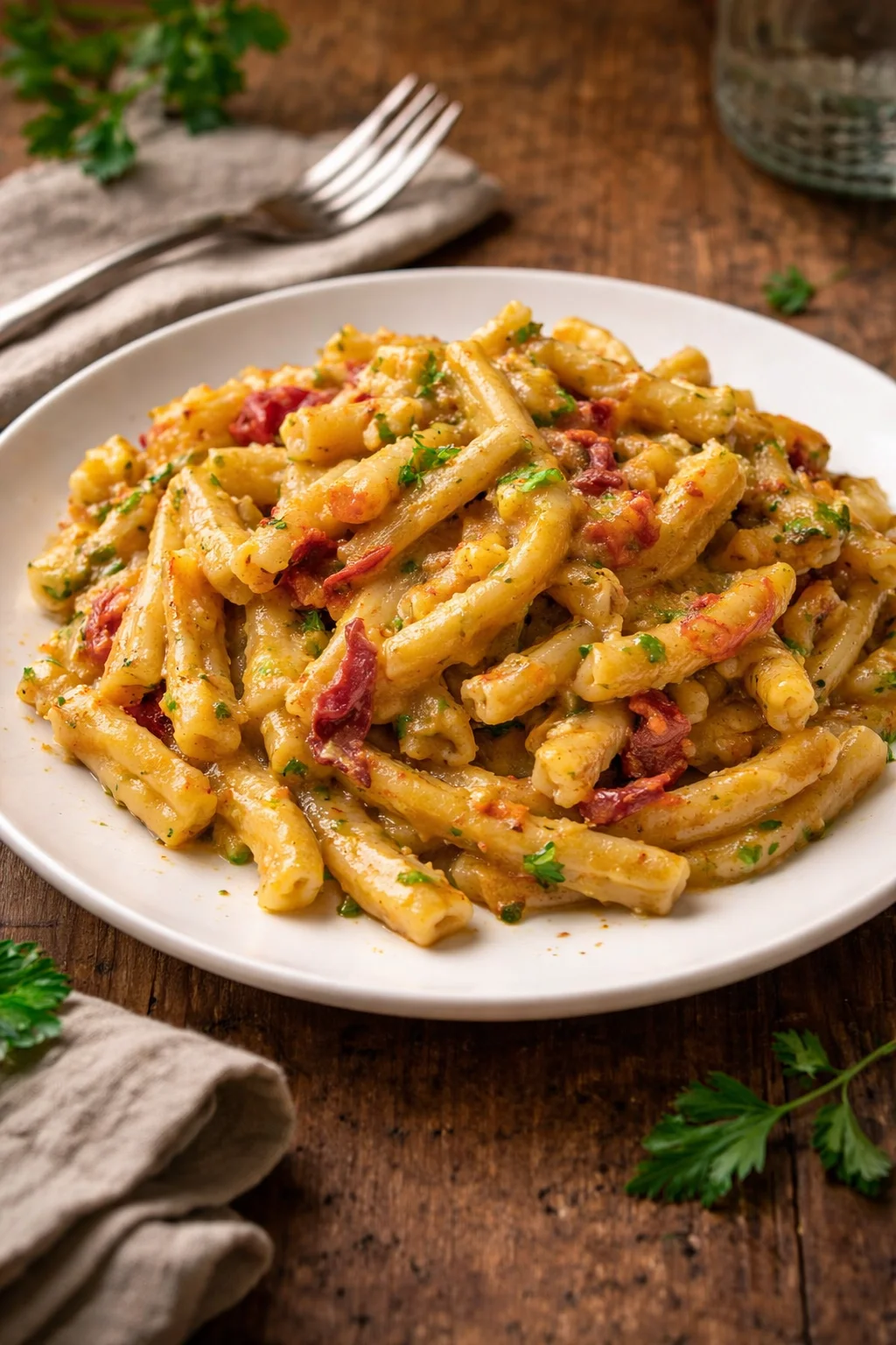 Casarecce zucchine con speck, besciamella e pomodorini