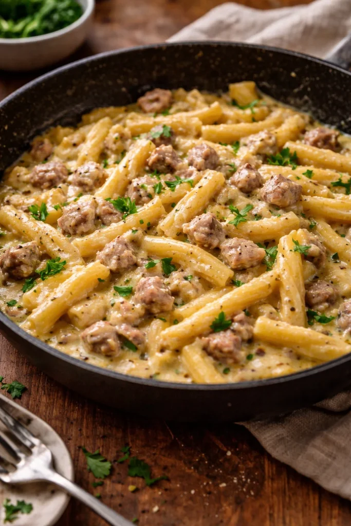 Caserecce con salsiccia, zucchine e Philadelphia in un piatto colorato