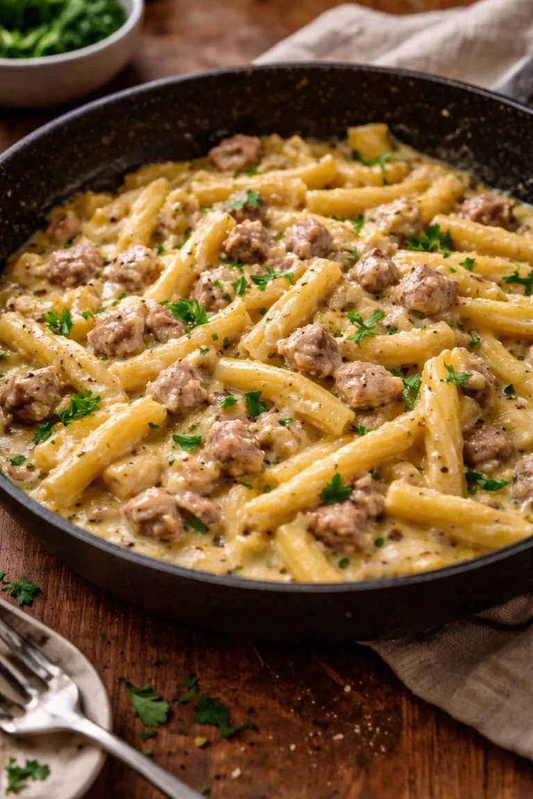 Caserecce con salsiccia, zucchine e Philadelphia in un piatto colorato