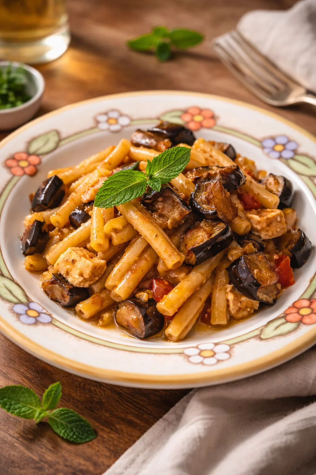 Caserecce con pesce spada, pomodorini e melanzane fritte