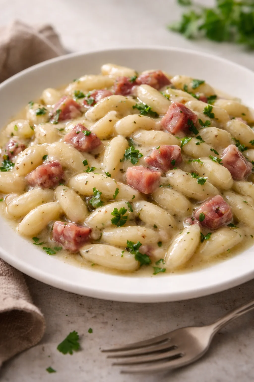 Cavatelli freschi con speck, rucola e crema di patate su un piatto