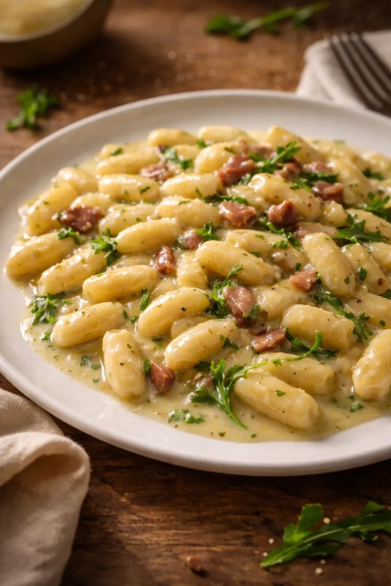Cavatelli con speck, rucola e crema di patate, piatto italiano gustoso