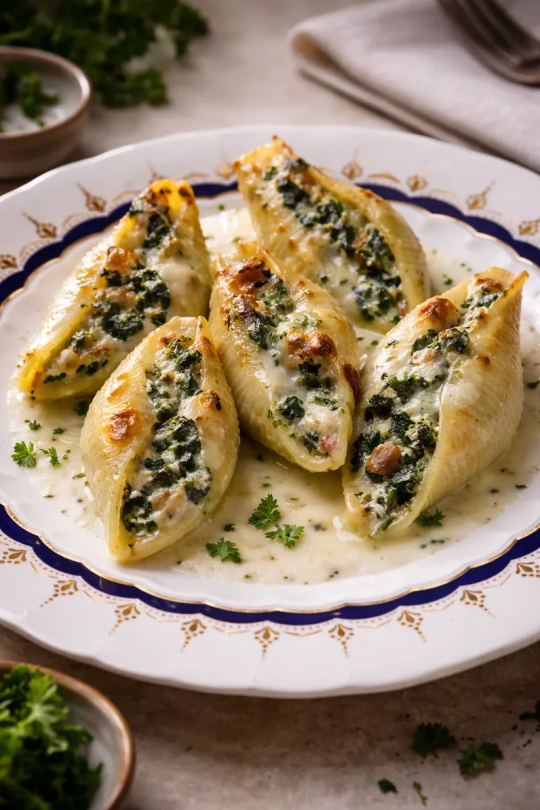 Conchiglioni ripieni con spinaci, ricotta, speck e besciamella serviti in un piatto elegante