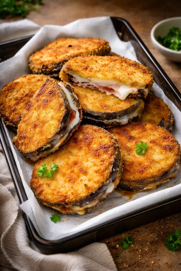 Cotolette di melenzane fritte con speck e provola su un piatto